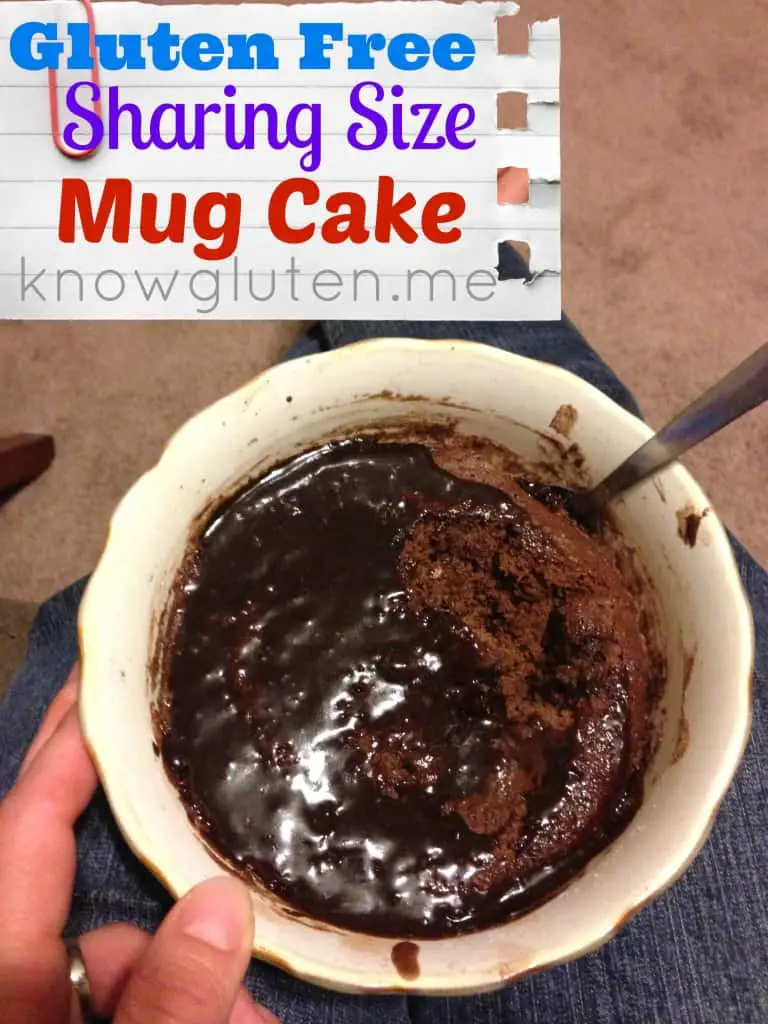 Gluten Free sharing size chocolate mug cake made with Gluten Free Bisquick from knowgluten.me