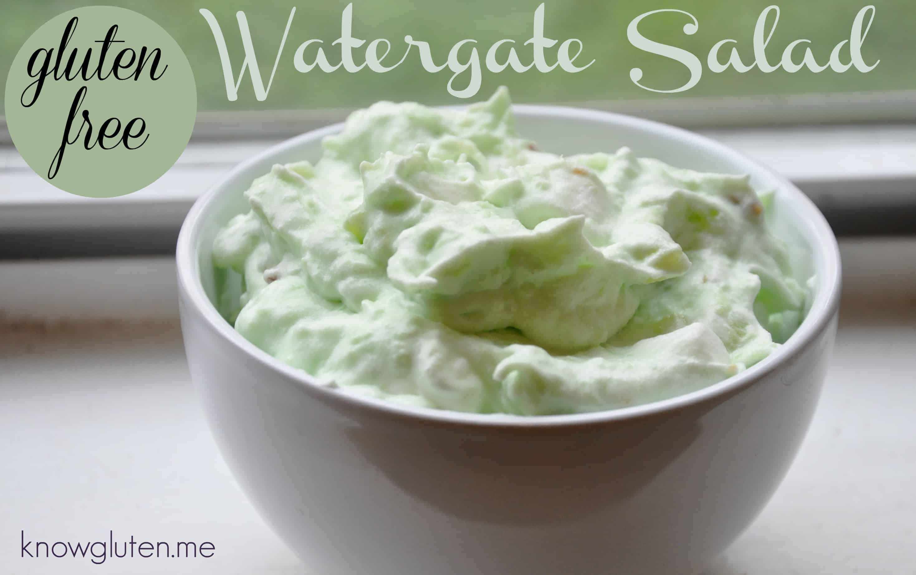 Gluten Free Watergate Salad in a white bowl by a window.