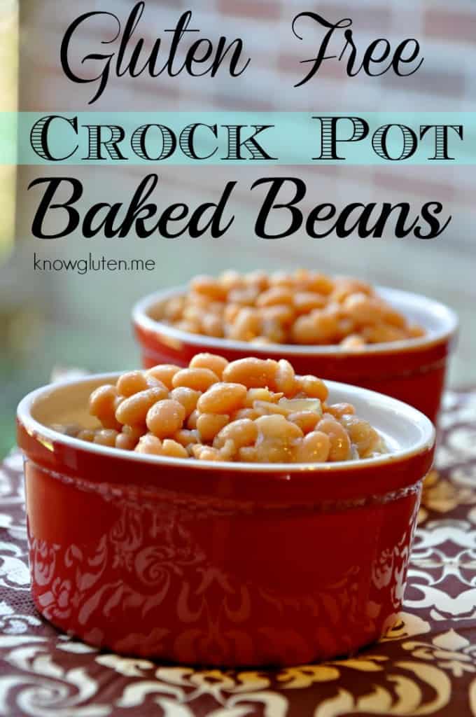 Baked beans in red ramekins on a brown and beige table cloth.