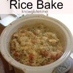 Chicken and rice bake in a casserole dish by a window.