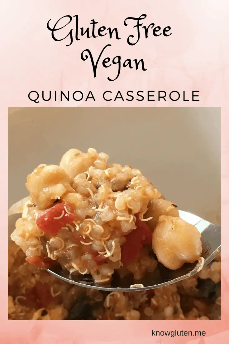 a pinterest friendly image of gluten free vegan quinoa casserole with a pink background and fancy font.