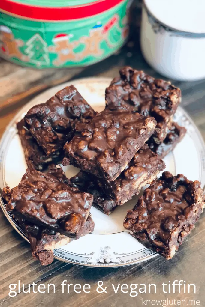 pieces of gluten free, vegan tiffin on a china plate