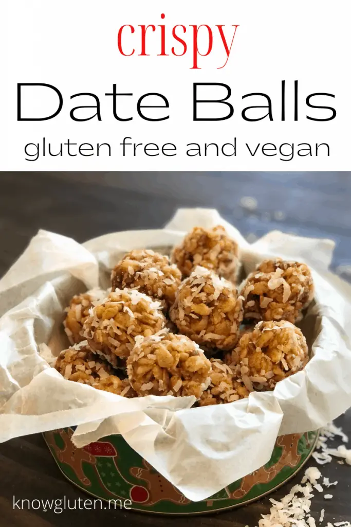 gluten free and vegan crispy date balls in a dessert tin lined with parchment paper