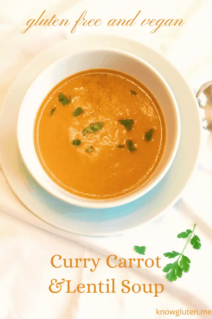 curry carrot and lentil soup - gluten free and vegan from knowgluten.me overhead shot of bowl closeup