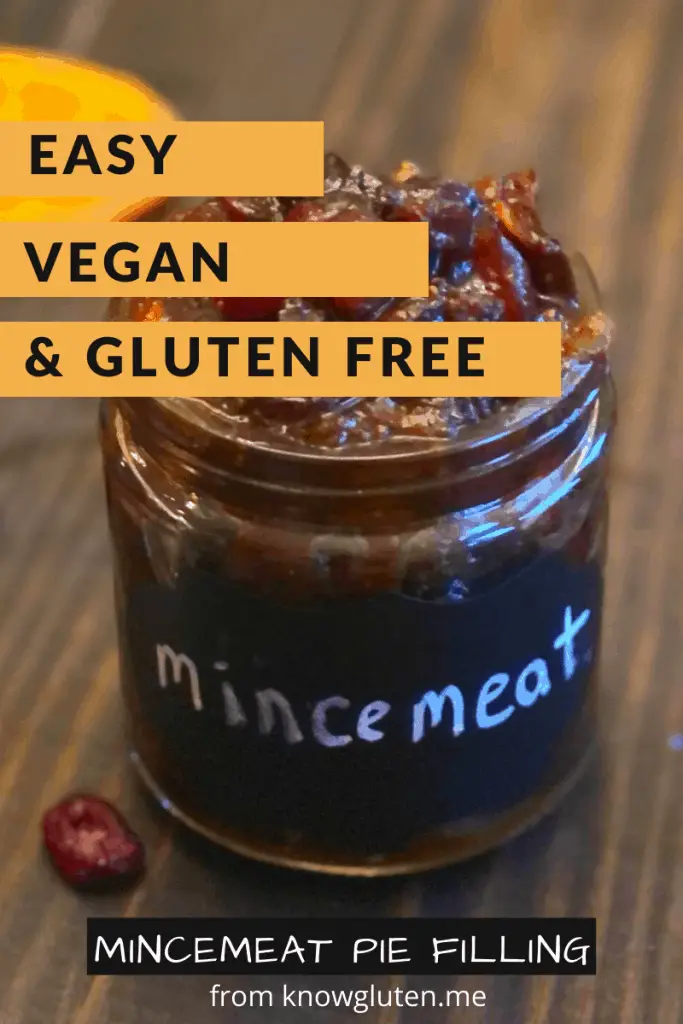 Easy gluten free and vegan mincemeat pie filling from knowgluten.me in a small jar, a closeup shot