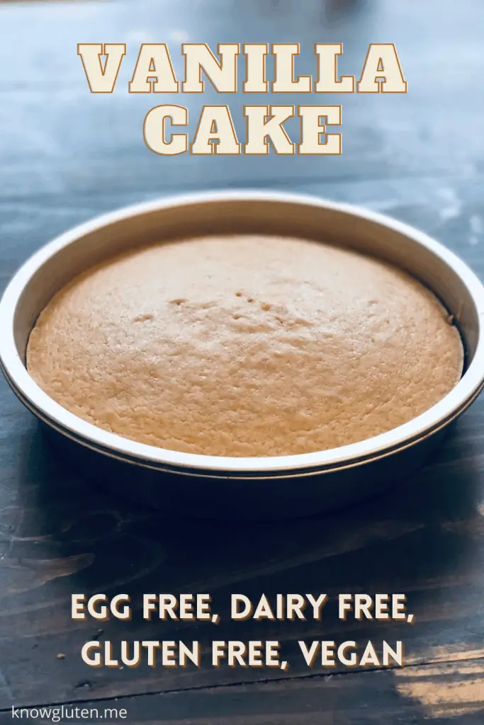 A round cake pan with a gluten free vegan vanilla cake.