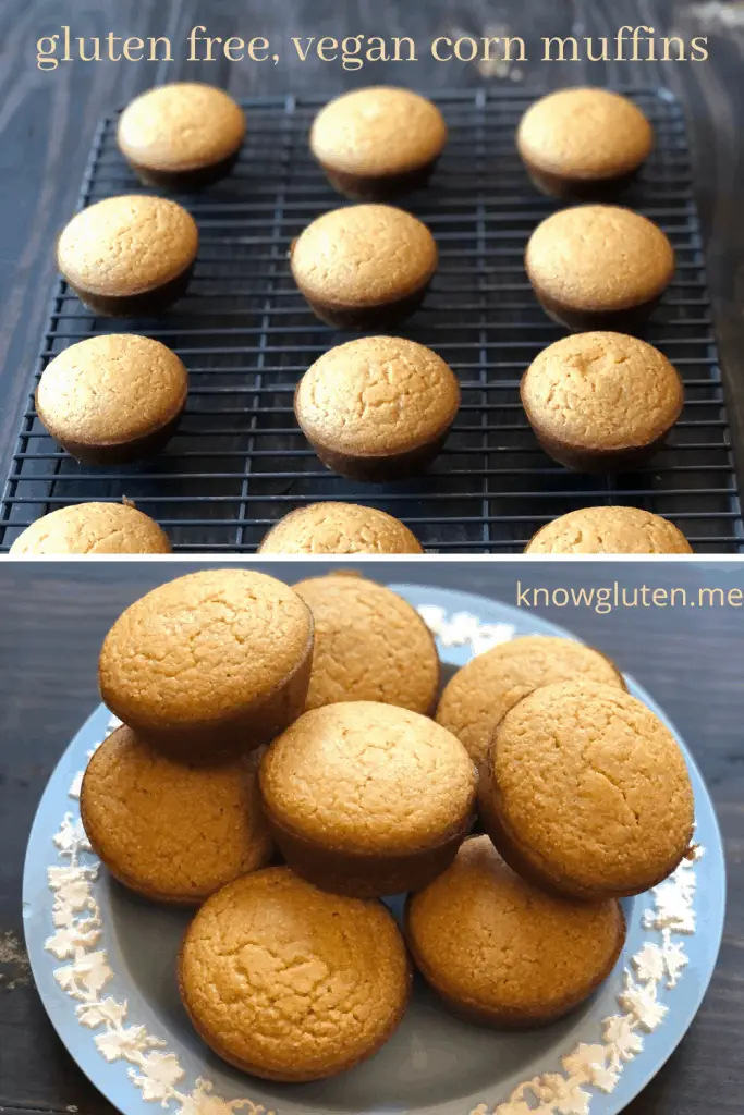 gluten free, vegan corn muffins on a plate with muffins on a cooling rack
