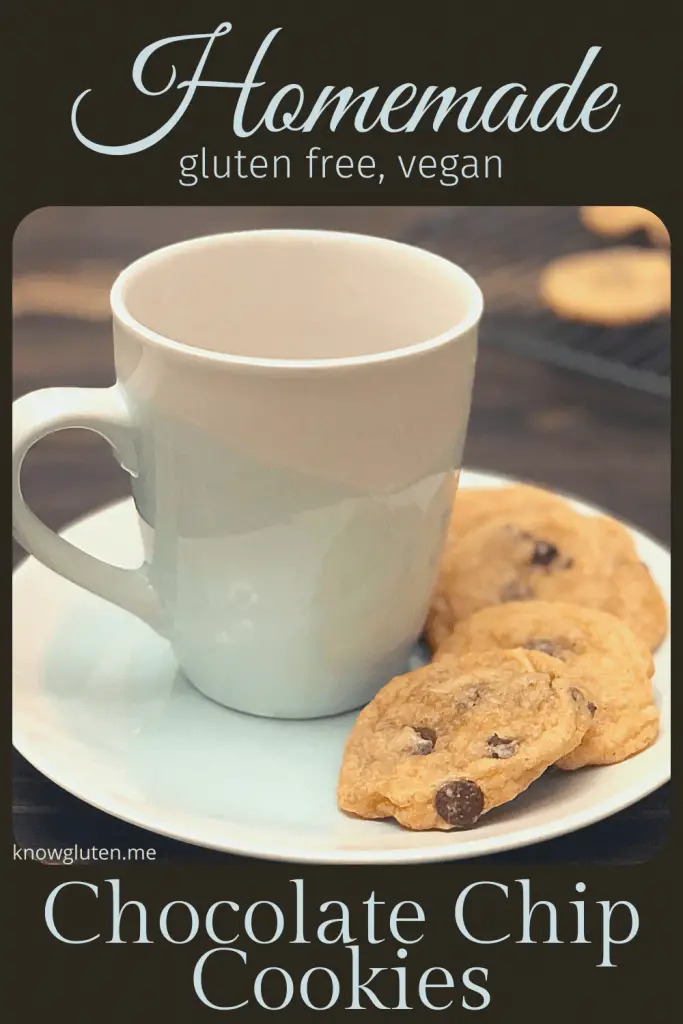 gluten free, vegan chocolate chip cookies from knowgluten.me on a plate with a coffee cup