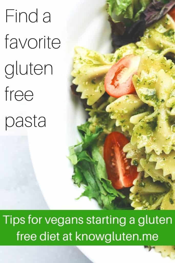 Gluten free vegan pasta with pesto sauce and tomatoes.