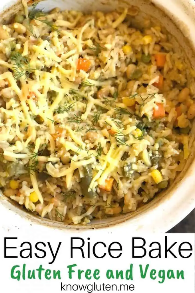 A close up of vegan rice bake in a white baking dish.