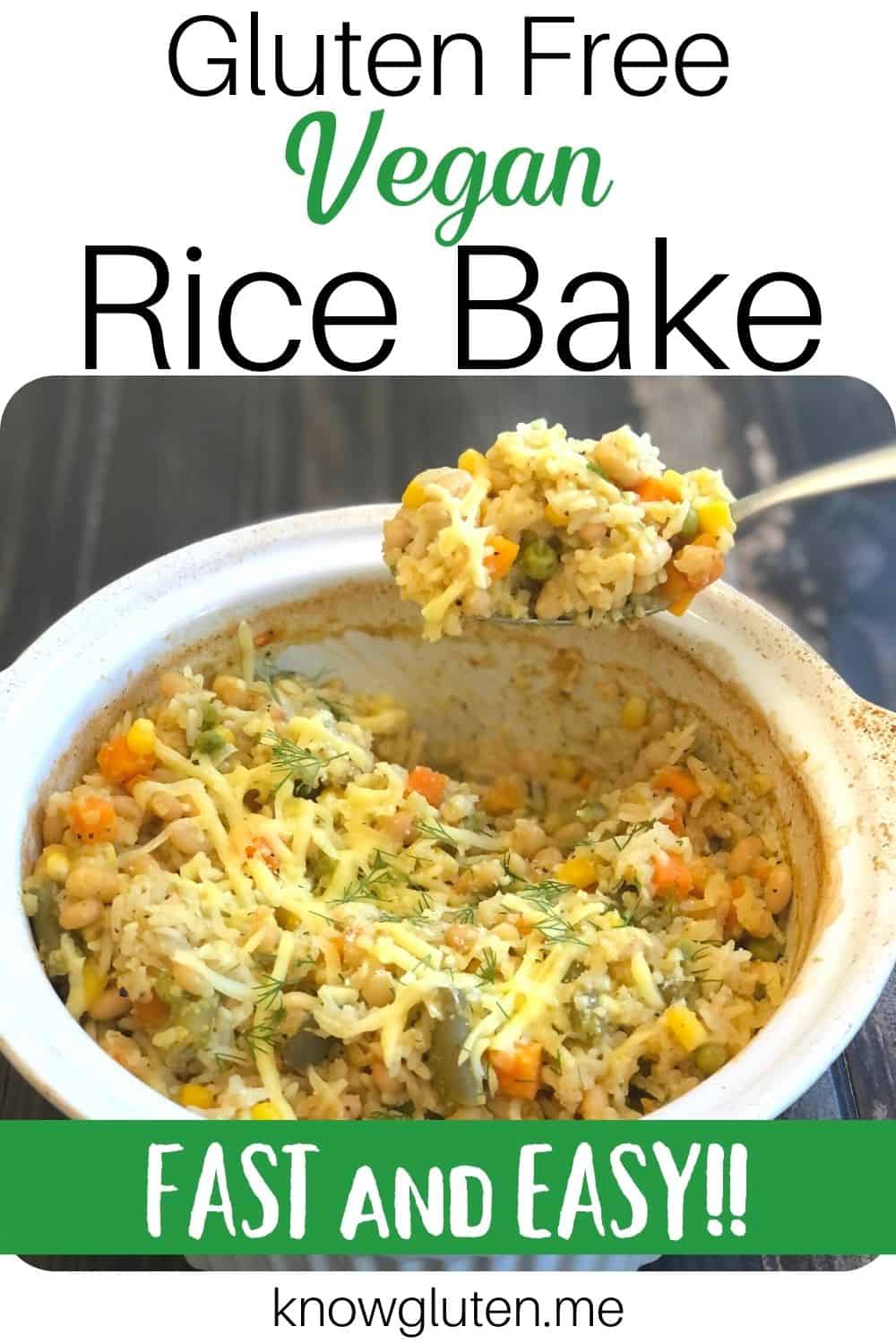 Vegan Rice Bake being scooped out of a white baking dish with a metal serving spoon.