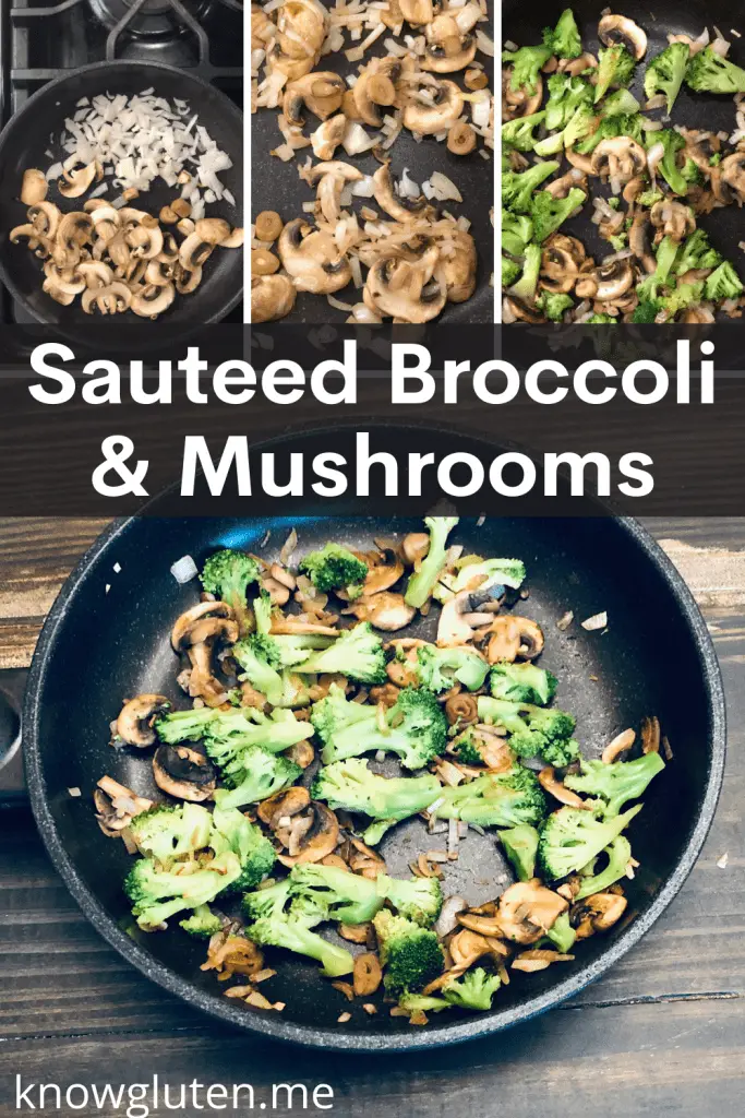 Four images of the different steps for making sauteed broccoli and mushrooms.