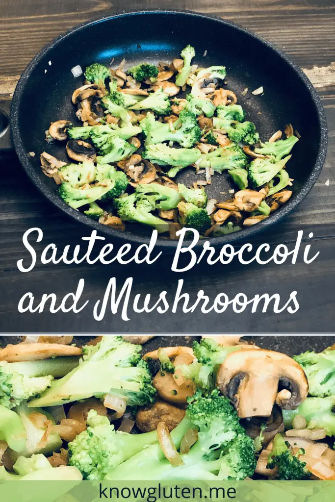 Sauteed broccoli and mushrooms in a frying pan and a closeup of broccoli and mushrooms.