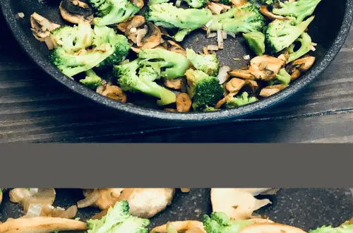 Split screen of broccoli and mushrooms in a frying pan and a closeup shot of broccoli and mushrooms.