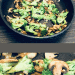 Split screen of broccoli and mushrooms in a frying pan and a closeup shot of broccoli and mushrooms.