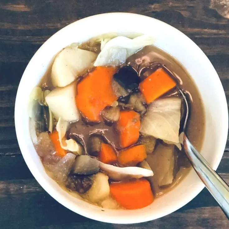 an overhead shot of a bowl of vegan Irish stew