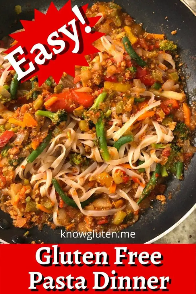 closeup of pasta and vegetable sauce with bright lettering.