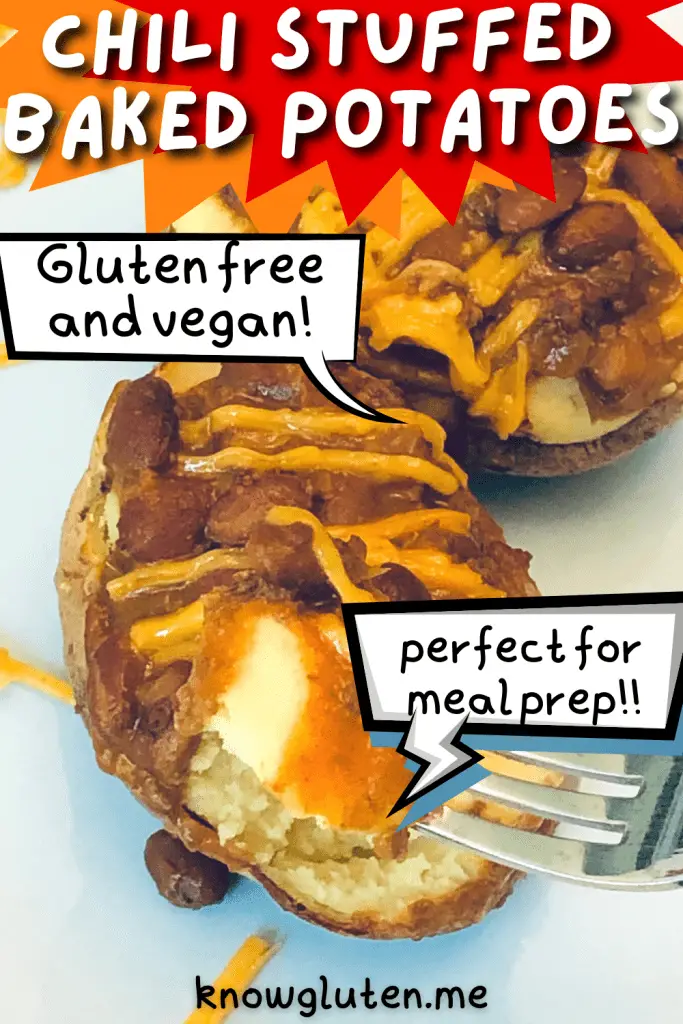 Comic strip style picture of gluten free chili stuffed potatoes.