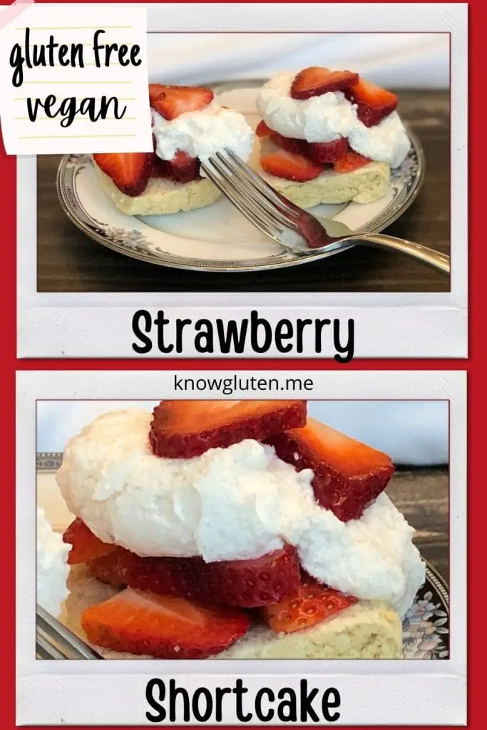 Two views of gluten free strawberry shortcake, one with two shortcakes on a plate and one closeup.