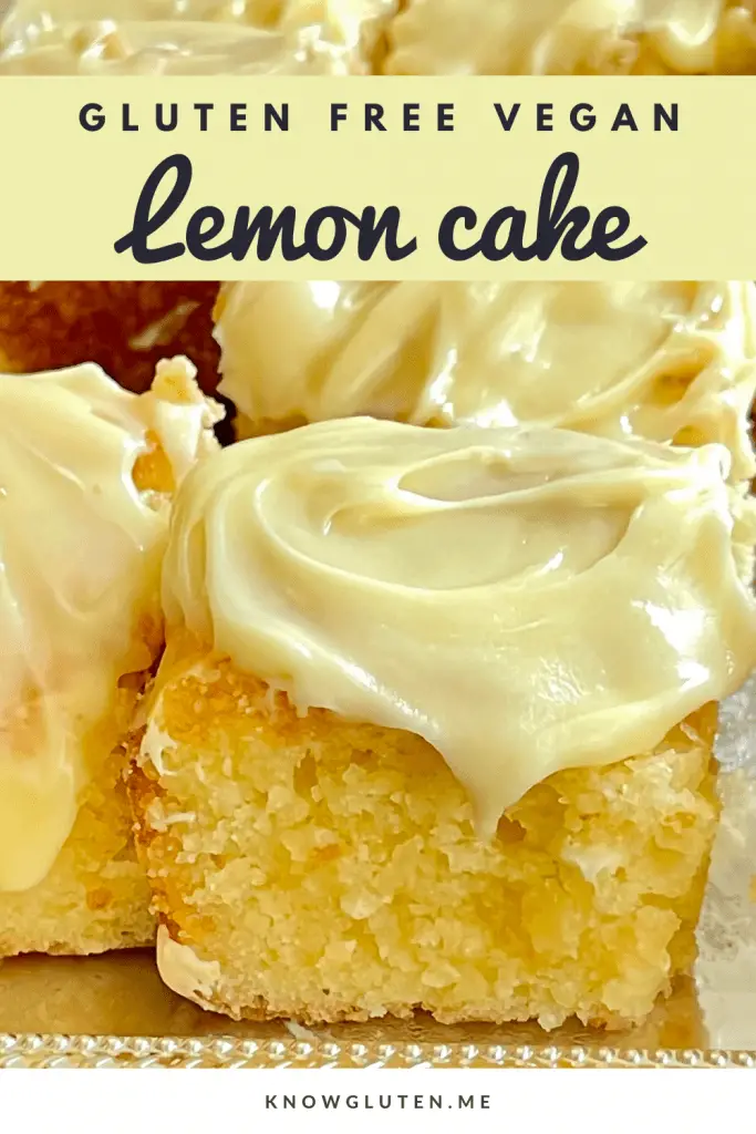 A closeup of a tray of gluten free lemon cake cut into squares. 