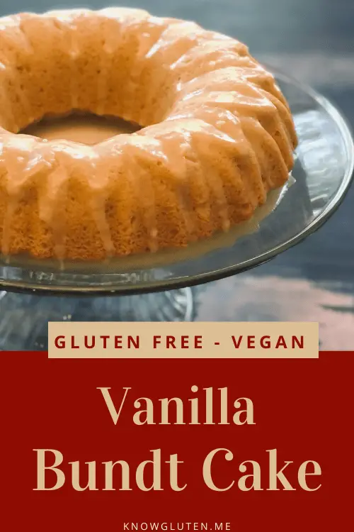 Gluten Free Vanilla Bundt Cake on a glass serving tray. 