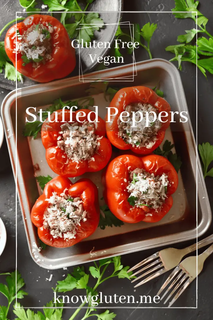 gluten free stuffed peppers - vegan, on a metal tray