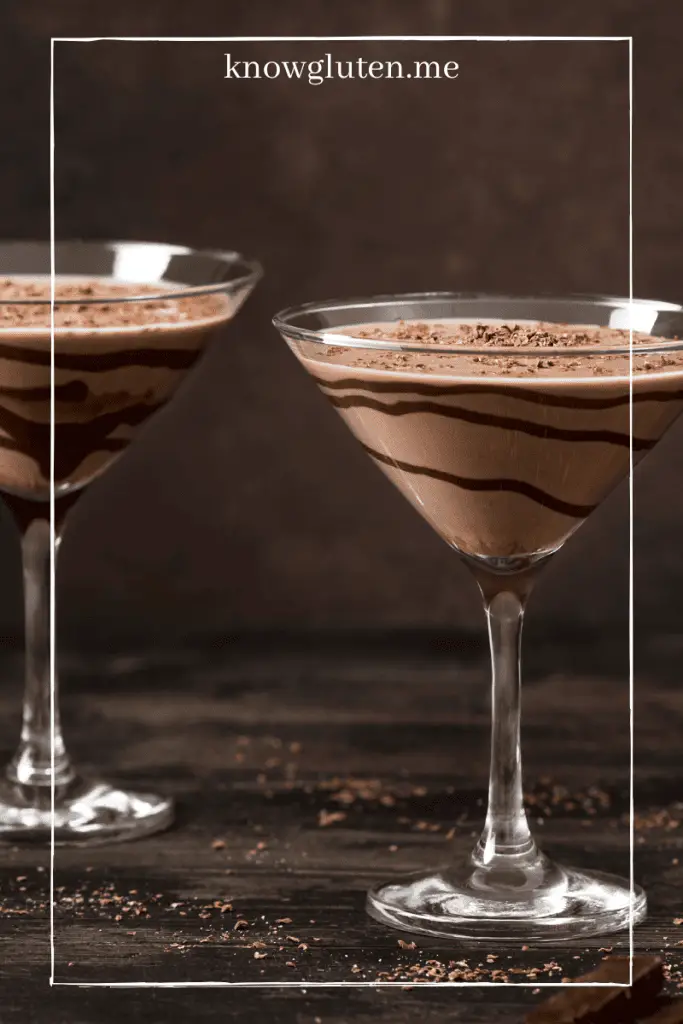 gluten-free vegan chocolate martini, two glasses decorated with ribbons of chocolate syrup